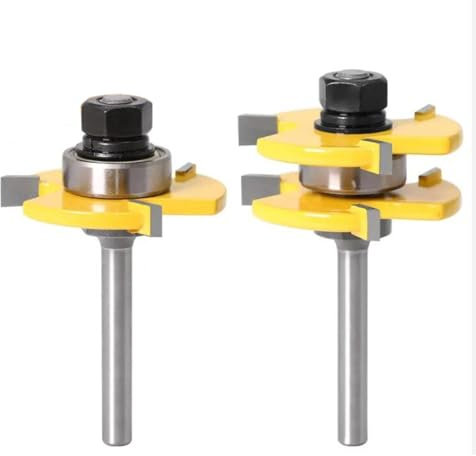 Gasea 2Pcs 1/4-Inch Shank Matched Tongue and Groove Router Bit Set, 3 Teeth Adjustable T Shape Woodworking Milling Cutter