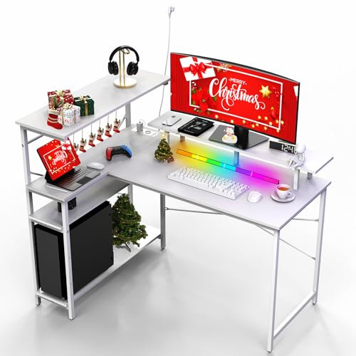 Chleby Escritorio para computadora con Enchufe, Mesa Escritorio esquinero en L con estantes y Ganchos Mesa de Ordenador con Soporte para Monitor para Dormitorio, Sala de Estar y Oficina Blanco