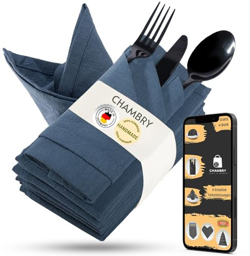 chambry 6 Stoffservietten 100% Leinen Stonewashed - 40cm x 40cm Farbe wählbar - inkl. Faltanleitung als E-Book - Handarbeit Made in Germany - wiederverwendbar, elegant und nachhaltig - Blau