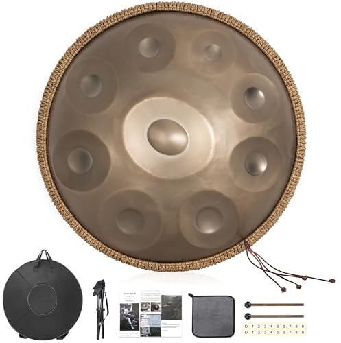 OUUTMEE 22 Zoll Meditations-Klangschale 9 Töne in Gold mit Ständer - Professionelle Steel Tongue Drum für Yoga, Therapie & Entspannung, Hochwertige Klangqualität Mit Aufbewahrungstasche(440HZ)