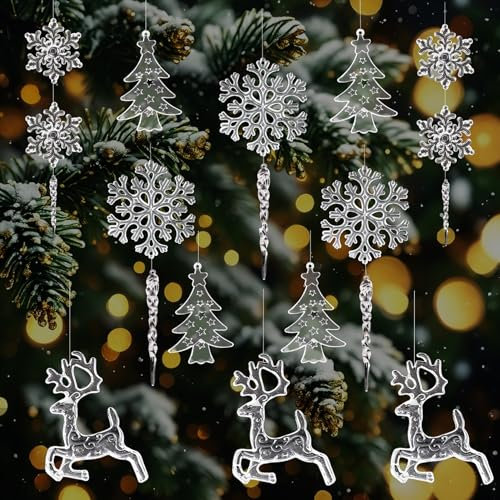 30 Stücke Acrylic Schneeflocken Eiszapfen Deko Weihnachtsdeko Hängend, Kristall Weihnachtsbaum Anhänger Tropfen Klare Ornament für Christbaumschmuck Winter Neujahr Dekoration