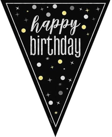 Happy Birthday Black Flag Bunting Any Age Silver Black Party Banner Decoration Garland Pennant Decor UP