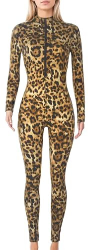 Maeau Leopard Overall Damen Einteiler Jumpsuit Figurbetont Ganzkörperanzug Langarm Sexy Jumpsuit Clubwear Frontreißverschluss Catsuit Turnanzug L