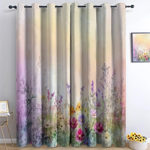 Gardinen Wohnzimmer Vorhang Bunt Blickdicht Verdunkelungsvorhänge 3D Druck Aquarellhintergrund Wiese Wilde Blumen Ösenvorhang H166 x B75 cm 2Er Set Kinderzimmer Schlafzimmer Ösenschal Schallschutz