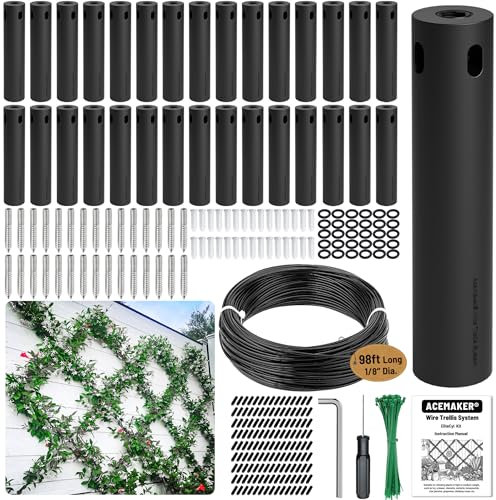 Acemaker Wire Trellis for Climbing Plants Outdoor, 30-Set Black ABS Plastic Wall Wire Trellis Kit with 1/8 x 98ft Vinyl Coated Cable, Stainless Steel Cable Espalier System for Garden Fence