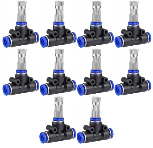 Lpraer Lot de 10 buses de pulvérisation en laiton avec raccords en T de 6 mm pour tuyau d'eau - Buse de pulvérisation pour jardin, irrigation, refroidissement, système de fumage en extérieur