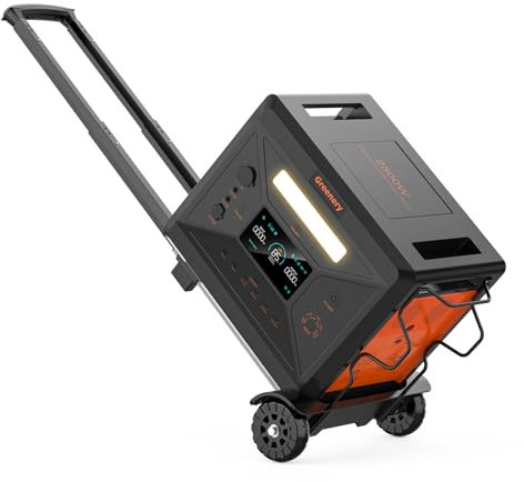 Greenery G2500 Centrale Elettrica Portatile 2304 Wh con Carrello Pieghevole, 2500 W Uscita Continua con Batteria LiFePO4, Ricarica Solare Rapida, per Backup Casa e Attività All'aperto