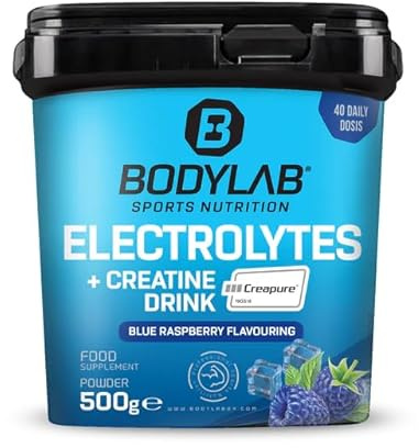 Bodylab24 Electrolytes + Creatine Drink Blaue Himbeere 500g, mit mehr als 4 g reinem Kreatin je Portion als hochwertiges Creapure®, enthält Magnesium, Kalium & Natrium
