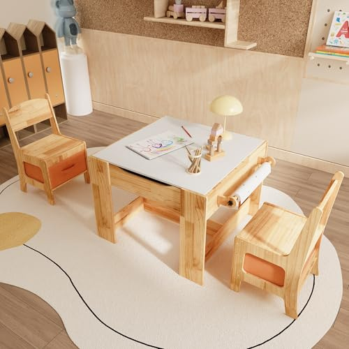 Caldion Kindertisch mit 2 Stühlen,Kinderschreibtisch mit 2 Hockern,Kindertisch und Stuhlset, Natürlicher Holzschreibtisch, für Zuhause und Schule,Kiefernholz,Kindersitzgruppe,60.4x59x48cm