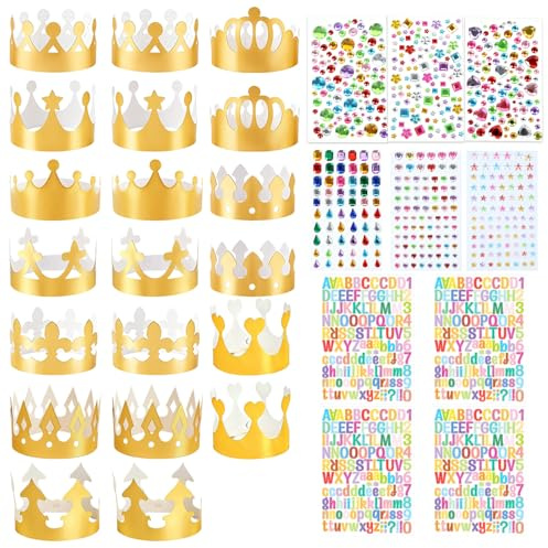 BEELUKY 20 Stück Kronen Basteln Goldenen Papierkronen Set Papier Krone Partyhüte Geburtstagskrone mit 6 Blätter Strasssticker und 4 Blätter Alphanumerische Aufkleber für Prinzessi Geburtstagspart
