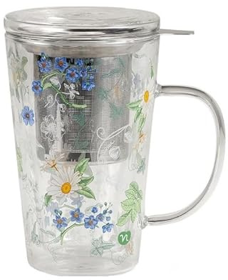 Neavita Infusiera in Vetro Borosilicato doppia parete con Stampa a Fiori - Herbal Infuser