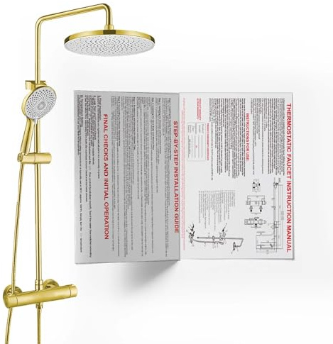 JUSTER Sistema de Ducha Termostático, Dorado, Juego Completo de Accesorios de Ducha con Cabezal de Ducha Redondo Tipo Lluvia, con Barra de Ducha Ajustable