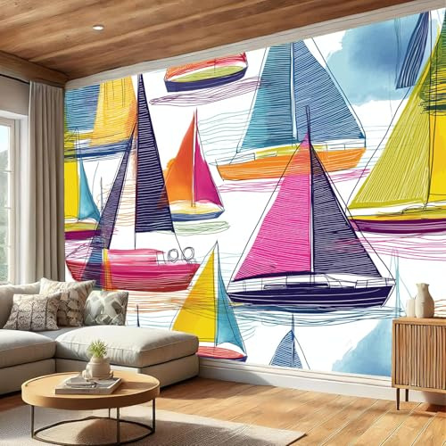 Colorful Sailboats Wallpaper Mixed Colors (350×256 Cm) – Watercolor Style, Decorative Wallpaper, Silk Fabric,Suitable for Living Room, Bedroom, Bathroom, and Office Walls