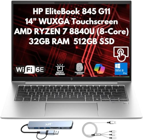 HP EliteBook 845 G11 Laptop empresarial lista para IA 2026, pantalla táctil WUXGA de 14 pulgadas, AMD Ryzen 7 8840U de 8 núcleos, 32 GB DDR5 RAM, SSD Gen 4 de 512 GB, lector de huellas dactilares