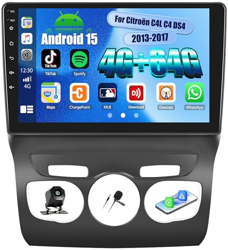 SIXWIN 4+64G Android 15 Autoradio per Citroen C4/DS4 2012-2018 con Wireless CarPlay/Android Auto, 10.1 HD In-Cell TouchScreen Schermo Navigatore con WiFi GPS Bluetooth FM RDS Radio+Telecamera