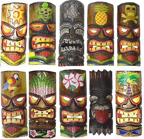 SET OF 10 HAND CARVED POLYNESIAN HAWAIIAN TIKI STYLE MASKS 12 IN TALL