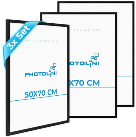 PHOTOLINI Cadre 50x70 noir bois MDF, lot de 3 cadre pour puzzle 50x70 et posters, cadre photos avec verre acrylique incassable, cadre photo 70x50 à suspendre, cadre poster 50 x 70 avec accessoires