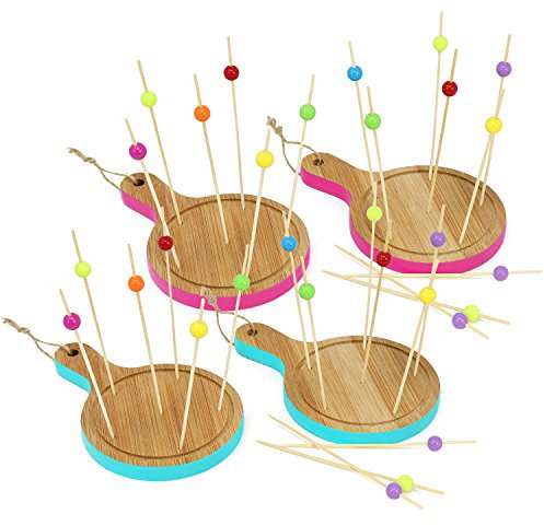 com-four® 34-teiliges Tapas Set aus Holz, Servierbretter und Holzspieße für Snacks, Fingerfood, Anti-pasti, Tapas, Käse, Obst und mehr (34-teilig - Rund pink/blau)