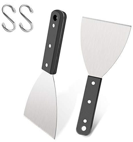 Leonyo Grill Griddle Scraper Set of 2, Stainless Steel Metal Grill Scraper Tool for Flat Top Teppanyaki BBQ, Versatile Scraper for Dough Pancake Pizza Home Baking Cooking, Slant Edge & Dishwasher Safe