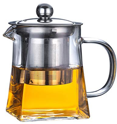Glass Teapot with Stainless Steel Infuser & Lid, Borosilicate Glass Tea Kettle Stovetop Safe, Blooming & Loose Leaf Teapot,Glass Square Pot (550ML/19oz)