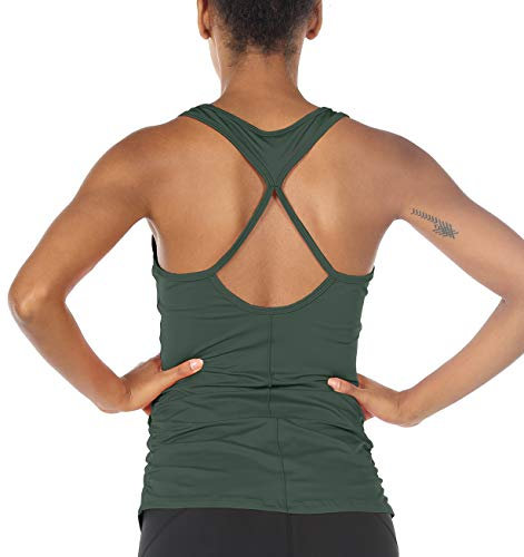 icyzone Damen Sport Yoga Tank Top - Fitness Gym Ärmelloses Shirt Trainings Top (L, Smoke Pine)
