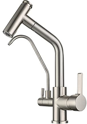 SJQKA Rubinetto 3 Vie Cucina Con Doccetta Estraibile, Ottone Per I Sistemi Osmosi Inversa Miscelatore 3 Vie Cucina Girevole A 360 ° Acqua Fredda E Calda (Spazzolato)