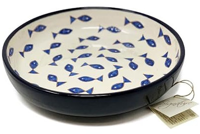 Verano Spanish Ceramics Signature Blue & White Fish Pattern Food Fruit Salad Pasta Wide Bowls - Home Kitchen Dining Dinner Party Decorative Dishware - 27cm Blue Fish & White Background