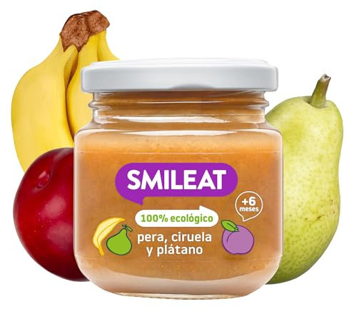 Smileat - Tarrito de Frutas Ecológicas con Pera, Ciruela y Plátano para peques +6 Meses - Sin Azúcar Añadido, Sin Sal, Sin Leche, Sin Huevos - 130g