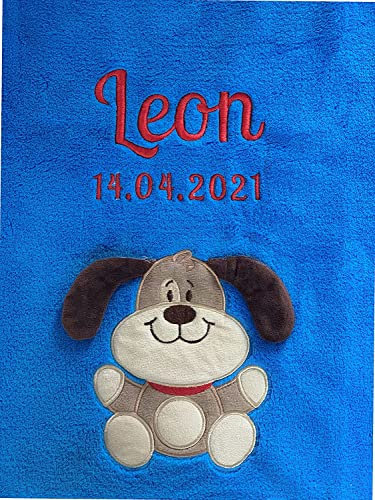 KIDDI-MEDIA Hundedecke mit Namen Bestickt Applikationen, 2-zeilige Beschriftung (BLAU Hund)