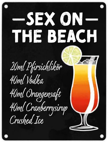 Metallschild in 15x20 cm mit Cocktailrezept für Sex on the Beach dekoratives Metallschild in 15x20 cm mit Zutatenliste für Cocktails als Deko für deine Bar oder die Küche
