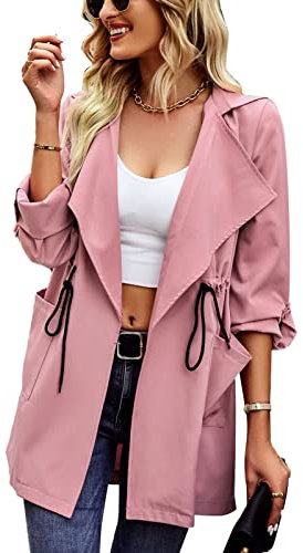 Pardessus à Revers Classique Veste décontractée Femme Automne Hiver Trench Coat Classique Revers Pardessus Cordon Bouton Inversé Couleur Unie Décontracté Fluide Lâche(L-Rose)