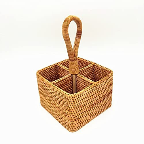 1fortunate Handgewebtes Aufbewahrungszubehör Herbst-Rattan-reiner handgewebter Korb, Schreibtisch-Aufbewahrungsbox mit vier Zellen, runder quadratischer tragbarer Couchtisch-Fernbedienungs-Aufbewahrun