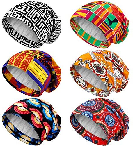 6 Stück Satin gefütterte Schlafmütze für Frauen afrikanische Seide Bonnet Beanie für schlafendes Haar natürliche lockige Mütze (helle Muster)