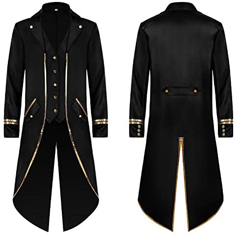 OBEEII Herren Steampunk Frack Mantel Gothic Gehrock Mittelalter Viktorianisch Renaissance Pirat Viking Kostüm Karneval Halloween Weihnachten Uniform Fashing Smoking Schwarz02 XL