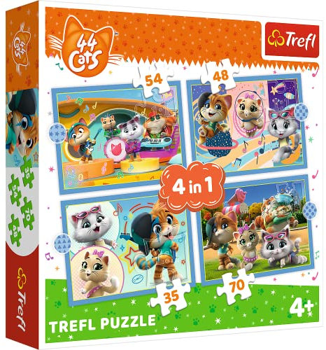 Tréfl - 44 Cats, Le Gang des Félins - Puzzle 4en1, 4 Puzzles, 35 à 70 Éléments - Puzzles avec Personnages de Contes de Fées 44 Chats, Divertissement, Puzzles Colorés pour Enfants à partir de 4 ans