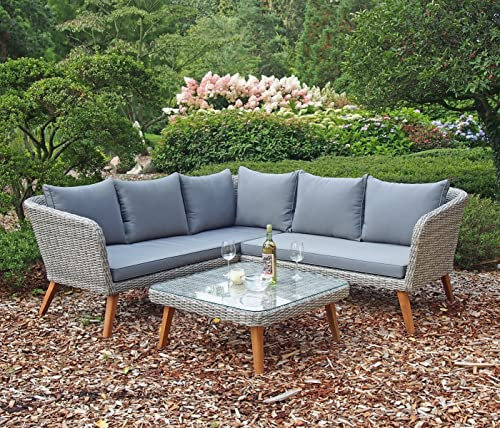 möbelando Garten-Essgruppe Pamplona aus Aluminium/Polyrattan/Massivholz/Glas in grau/braun. Abmessungen (BxHxT) 180x75x180 cm