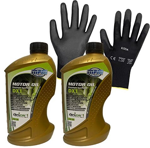ILODA Schutzhandschuhe +2x MPM 1Liter 5W-30 Premium Synthetic DX1 Motoröl insbesondere für OPEL/GM, API SN Plus, API SN-RC, API SP, API SP-RC, ILSAC GF-5, ILSAC GF-6A, für OPEL/GM dexos 1 Gen2