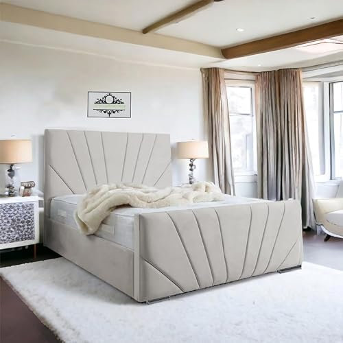 Living Comfort Bedz - Sunrise Bed - Plush Velvet Headboard & Footboard - Gas Lift & Solid Black Board Base Option - Comfortable & Luxury Bed(Cream, 4ft 6 Double Gas Lift)