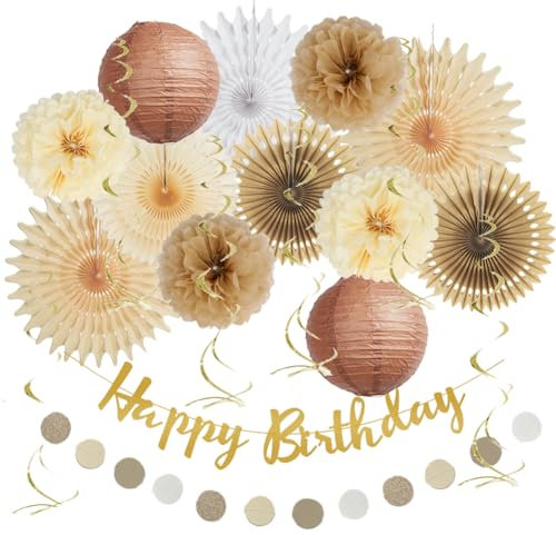 Geburtstagsdeko Beige Boho Mädchen Neutral Geburtstag Deko Braun Beige Papierfächer Pompons Deko Beige Geburtstag Natur mit Papier Kreis Girlande Happy Birthday Girlande Gold für Geburtstag Frauen