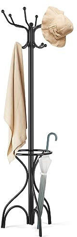 HOMASIS Attaccapanni da Terra in Metallo, Appendiabiti da Terra con 12 Ganci e Portaombrelli, Appendi Abiti, Appendiabiti Salvaspazio per Ingresso, Corridoio, Ufficio, 54 x 190 cm, Nero