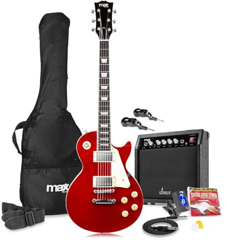 Max Gigkit Wireless LP Style Beginner Electric Guitar Pack - Complete Set with Dark Red LP Style Guitar, Wireless Electric Guitar Features & 6 Months Online Lessons for Beginners