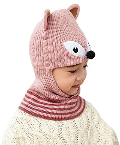 Baby Schlupfmütze Jungen Mädchen Niedlich 3D Cartoon Fuchs Wintermütze Strickmütze Warme gefüttert Nackenwärmer Halsbänder Mütze Kinder Schalmütze für Herbst und Winter 1-4 Jahre