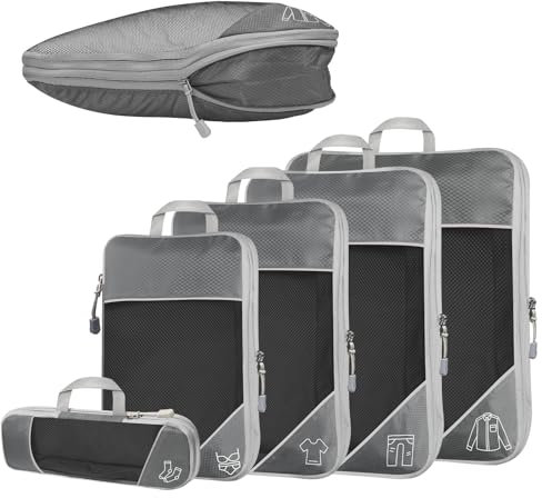 5-teilig Kompressions Packwürfel Set für Reisen, Compression Packing Cube zur Organisation Ihres Reisegepäcks, Ultraleichte, Aufbewahrungstasche, Koffer-Organizer, für Rucksack & Koffer (Grau)