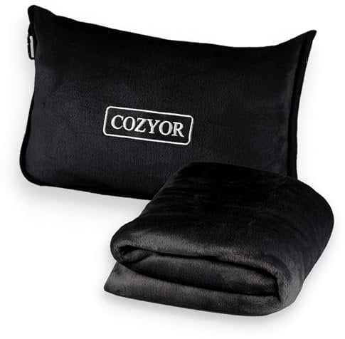 Cozyor Reisekissen & Reisedecke 2 in 1 weich mit Rucksack-Clip + Kofferbefestigung 170x100 cm, kuscheliges Reiseset für Flugzeug, Auto & unterwegs mit Bezug für Erwachsene & Kinder