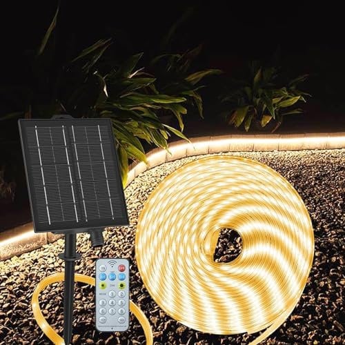 ZAIYW 10M Solar LED Streifen Aussenbereich IP68 Wasserdicht, 200LEDs Strip Lichter Dimmbar mit Fernbedienung Timer, Selbstklebend LED Band für Garten Außen Dekoration (Warmweiß)
