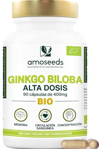 Ginkgo Biloba BIO | Alta Dosis, 4560mg / día | Estímulo cognitivo, Memoria, Circulación sanguínea | 90 cápsulas veganas y Orgánicas | Primera Calidad