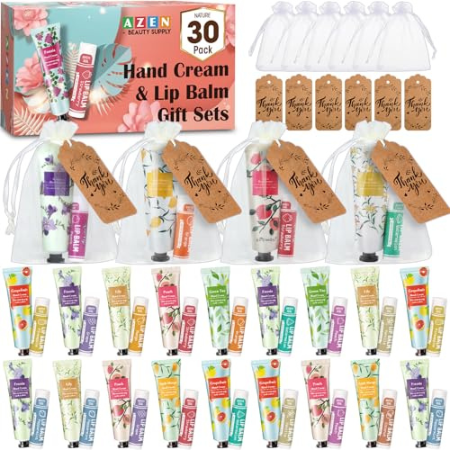 AZEN 30 Sets Großgeschenke, Handcreme und Lippenbalsam, Großpackung mit Organza-Beutel, Dankeskarte, Babyparty, Hochzeitsgeschenke für Gäste, Brauthochzeitsgeschenke