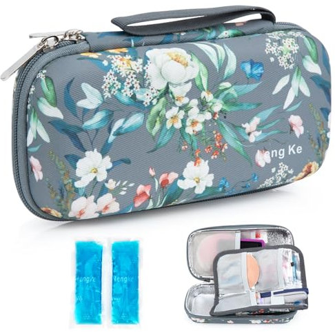 YOUSHARES Insulin kühltasche Reise Etui - TSA Medikamente Eva Kühlbox Unterwegs Diabetiker Tasche für Glukose-Meter, Epipen, Insulin Pen, Andere Diabetes Zubehör mit 2 Kühlakkus (Graue Kamelie)