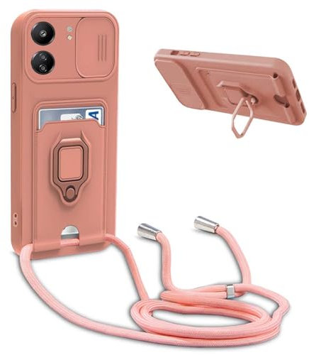 BGHHEU Mobile Phone Chain Protective Case, Compatible with Xiaomi Redmi 13C, Mobile Phone Case with Band, Sliding Camera Protection, 360 Degree Ring Holder Stand, Card Slot, Adjustable Silicone