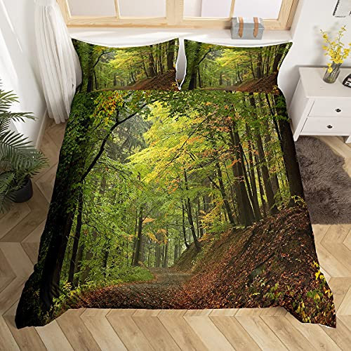 Homemissing Forêt Housse de Couette Automne Forêt Parure de Lit 220x240cm Trees Brouillard Motif Sets de Housse de Couette avec 2 taies d'oreiller Doux Microfibre décoré Woodland Scene Literie Vert